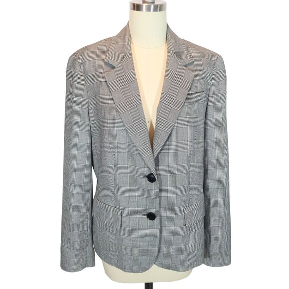 TALBOTS Glen Plaid Wool Blend 2-Button Blazer 8  Black White Preppy Office - Picture 1 of 9